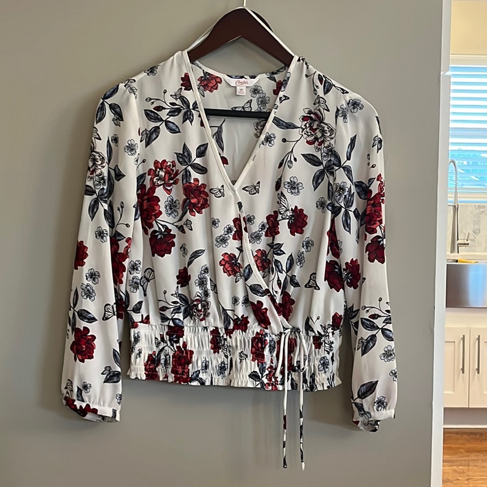 Candie’s Wrap Front Sheer Floral Blouse
